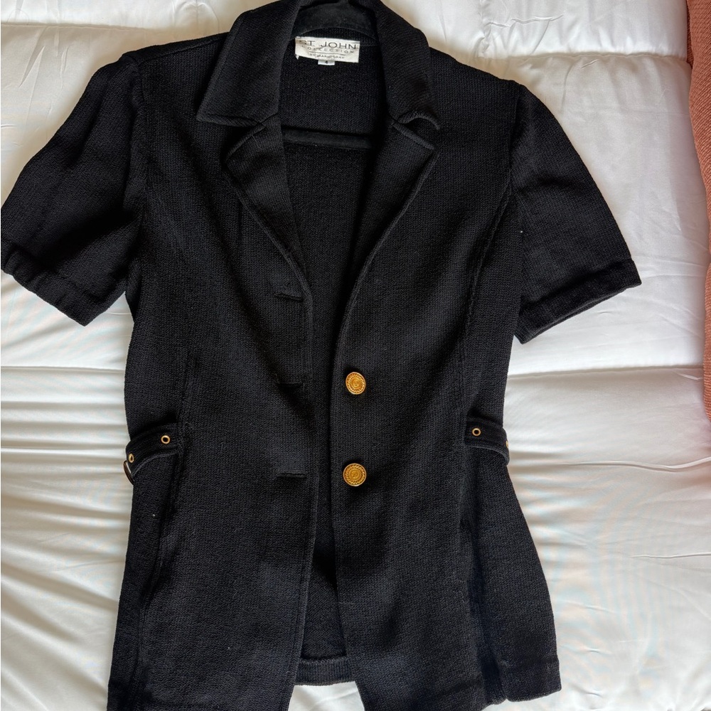 St. John Black Short Sleeve Blazer with Gold Buttons